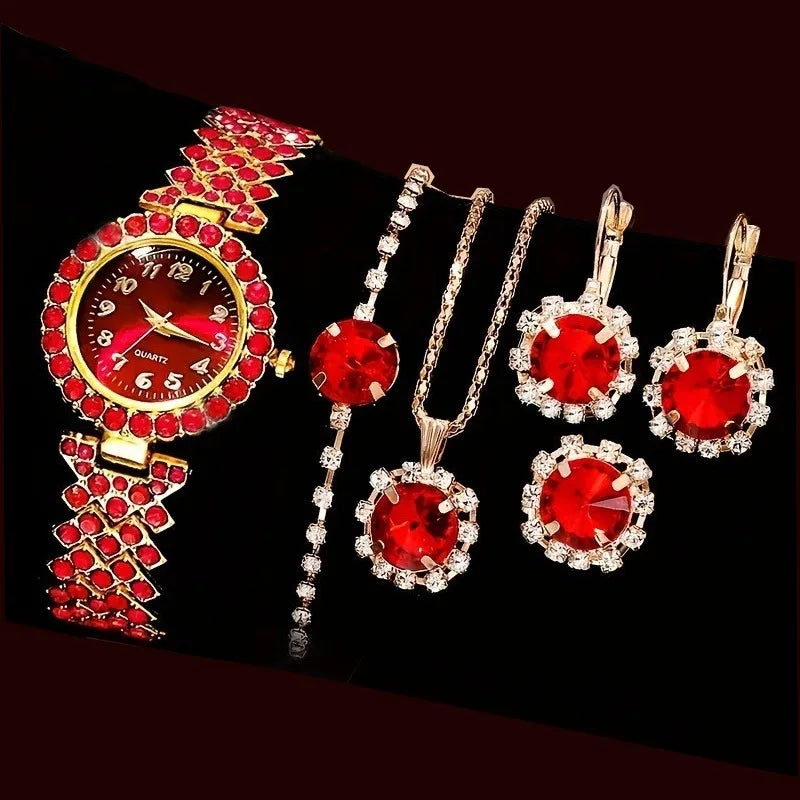 Women’s 6-Piece Quartz Watch & Jewelry Set – Blue or Red
