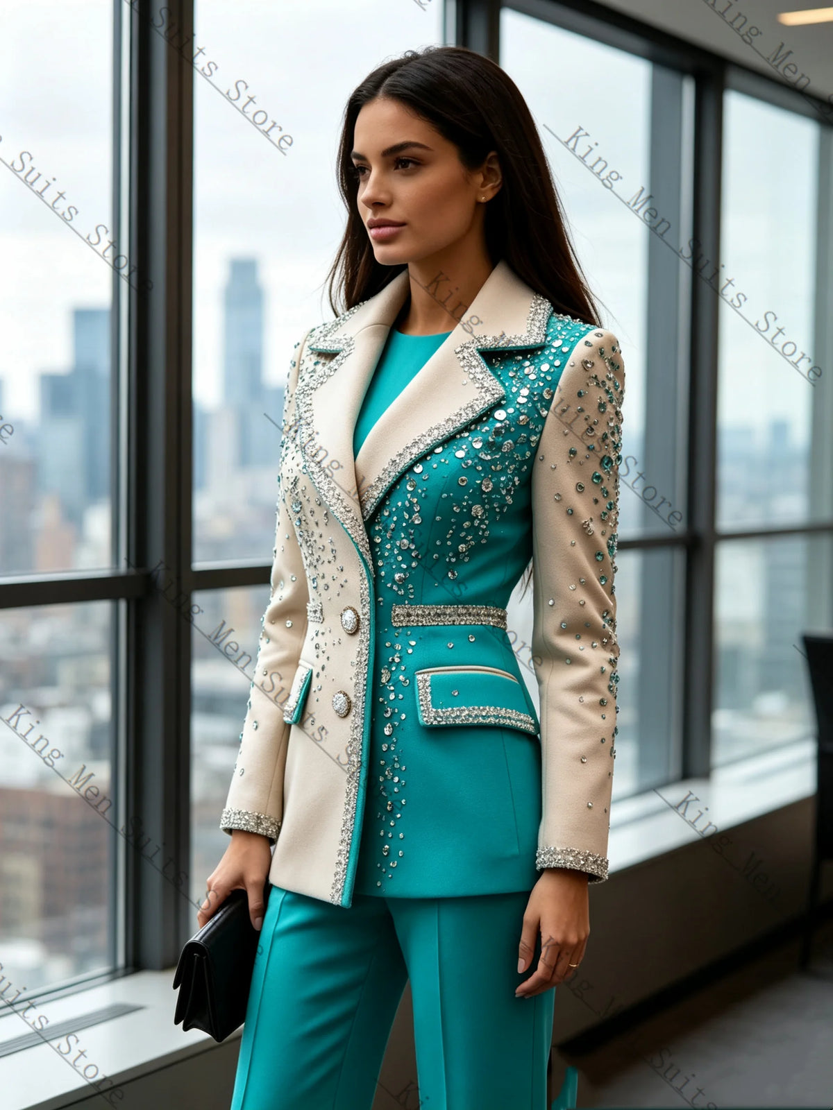 Crystal-Detail Blazer & Pants Suit