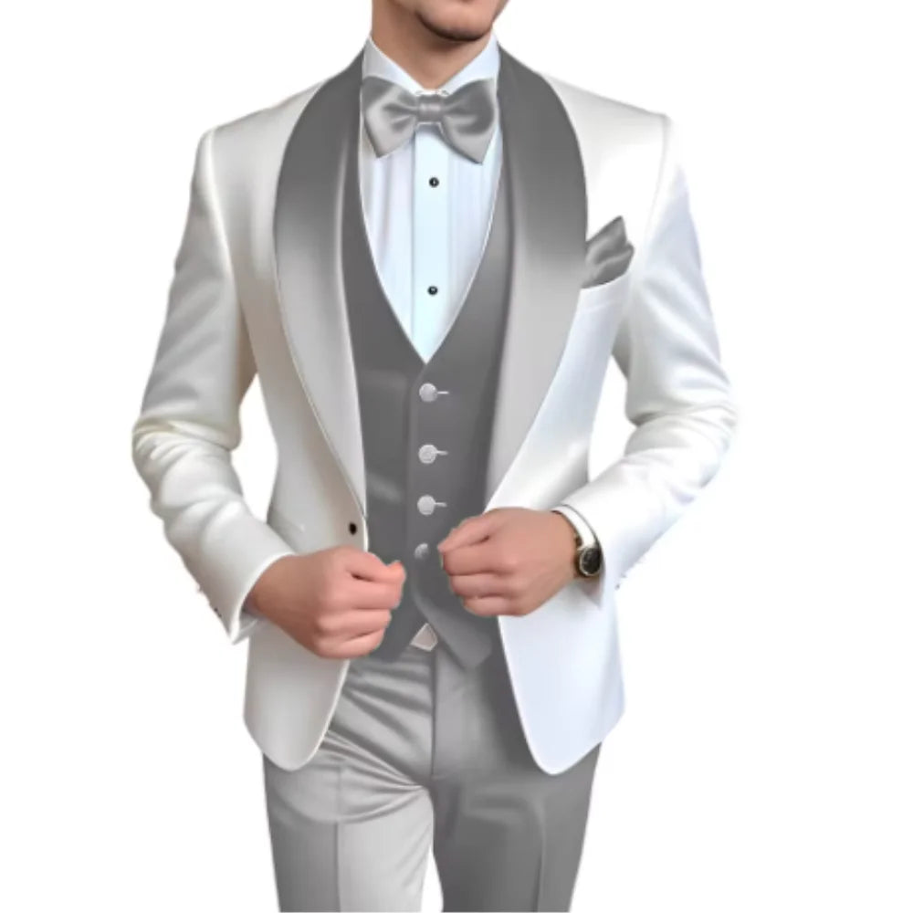 Customized Men's 3-Piece Tuxedo with Shawl Lapel Smoking Suit Wedding Groomsmen Formal Party Blazer Vest Pants Ternos Masculinos