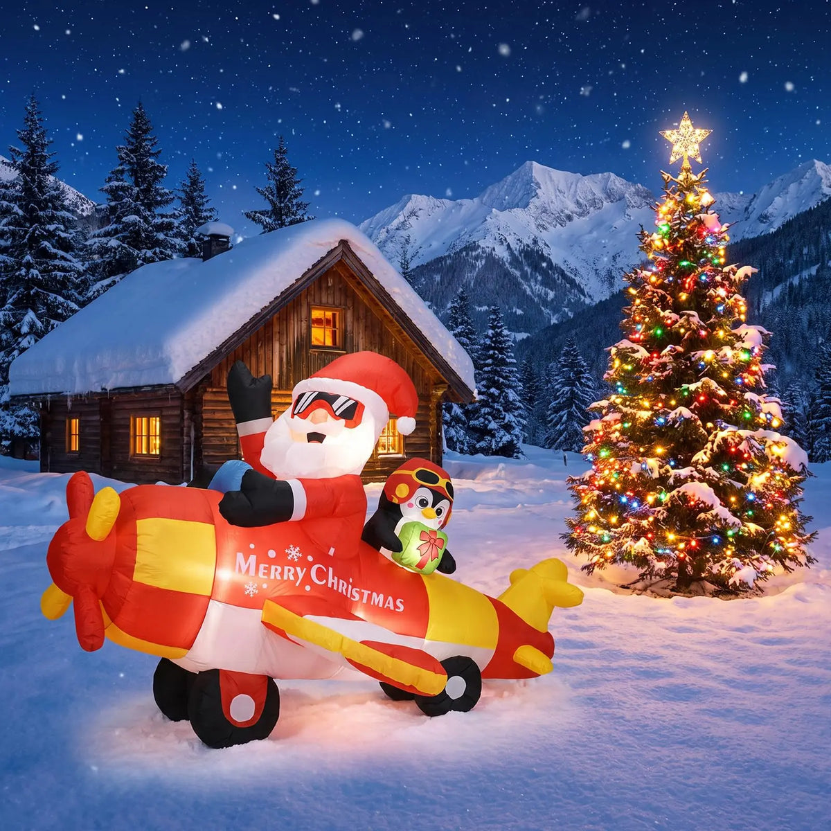 Christmas Inflatable Santa Driving Penguin Airplane 8ft Outdoor Decoration Festive Airblown Holiday Yard Decor for Lawn and Christmas Party Winter Festival Night Atmosphere Setup
