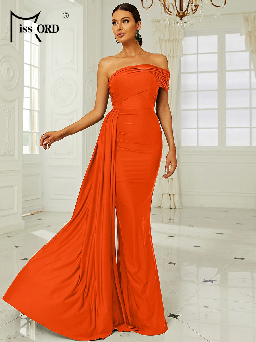Asymmetric Off-Shoulder Draped Evening Gown