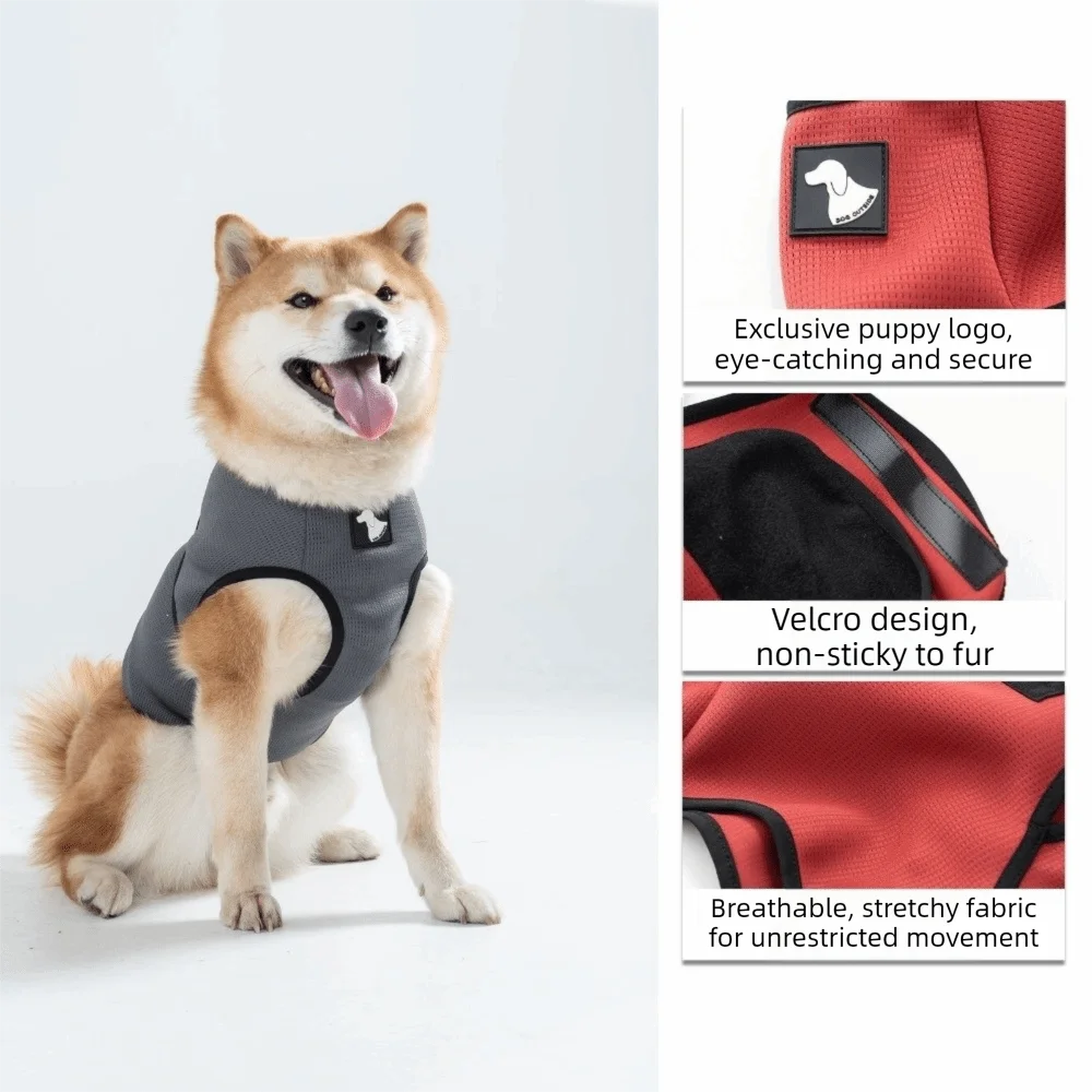 Adjustable Wraparound Dog Vest – Grey, Red & Blue