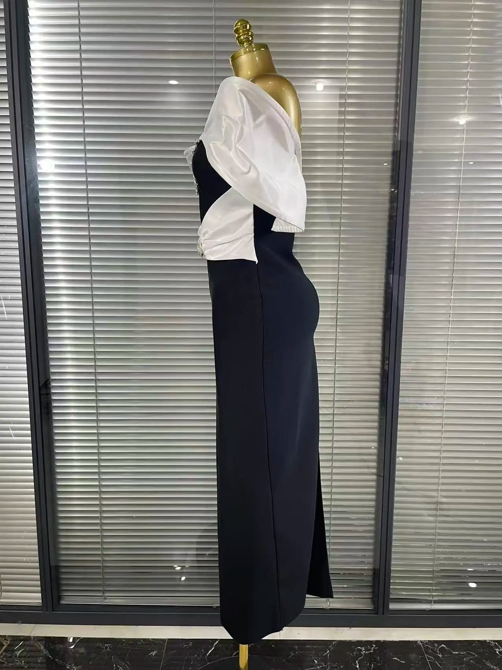 Black and White Off-Shoulder Embellished Evening Dress