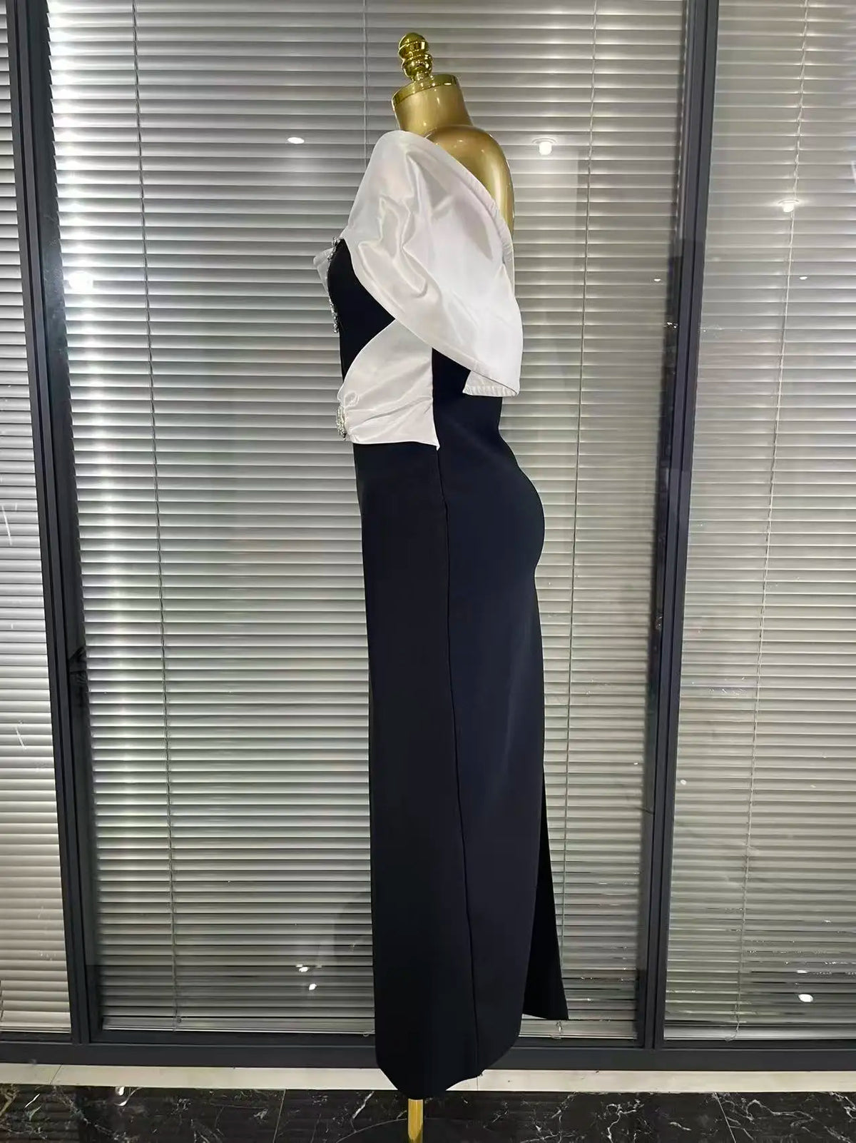 Black and White Off-Shoulder Embellished Evening Dress