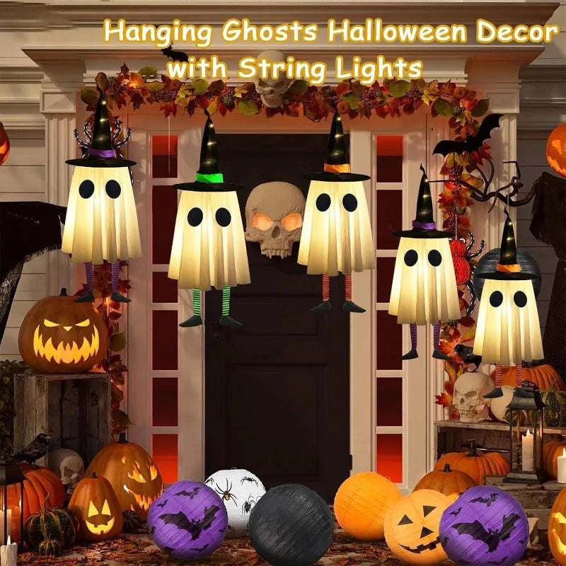 Light-Up Hanging Halloween Ghost with Witch Hat – One Piece