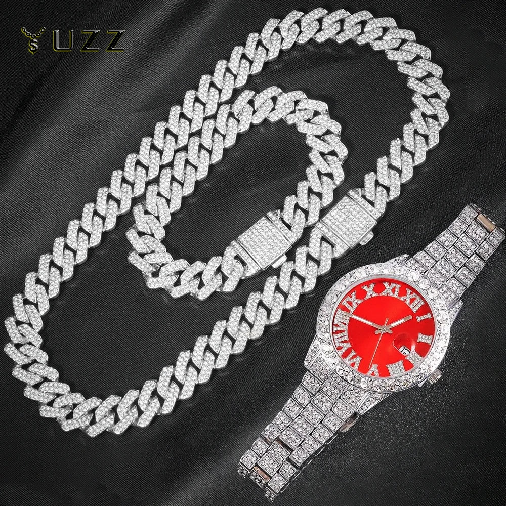 Iced-Out Cuban Chain Jewelry Sets – 2-Piece & Colored Watch Options