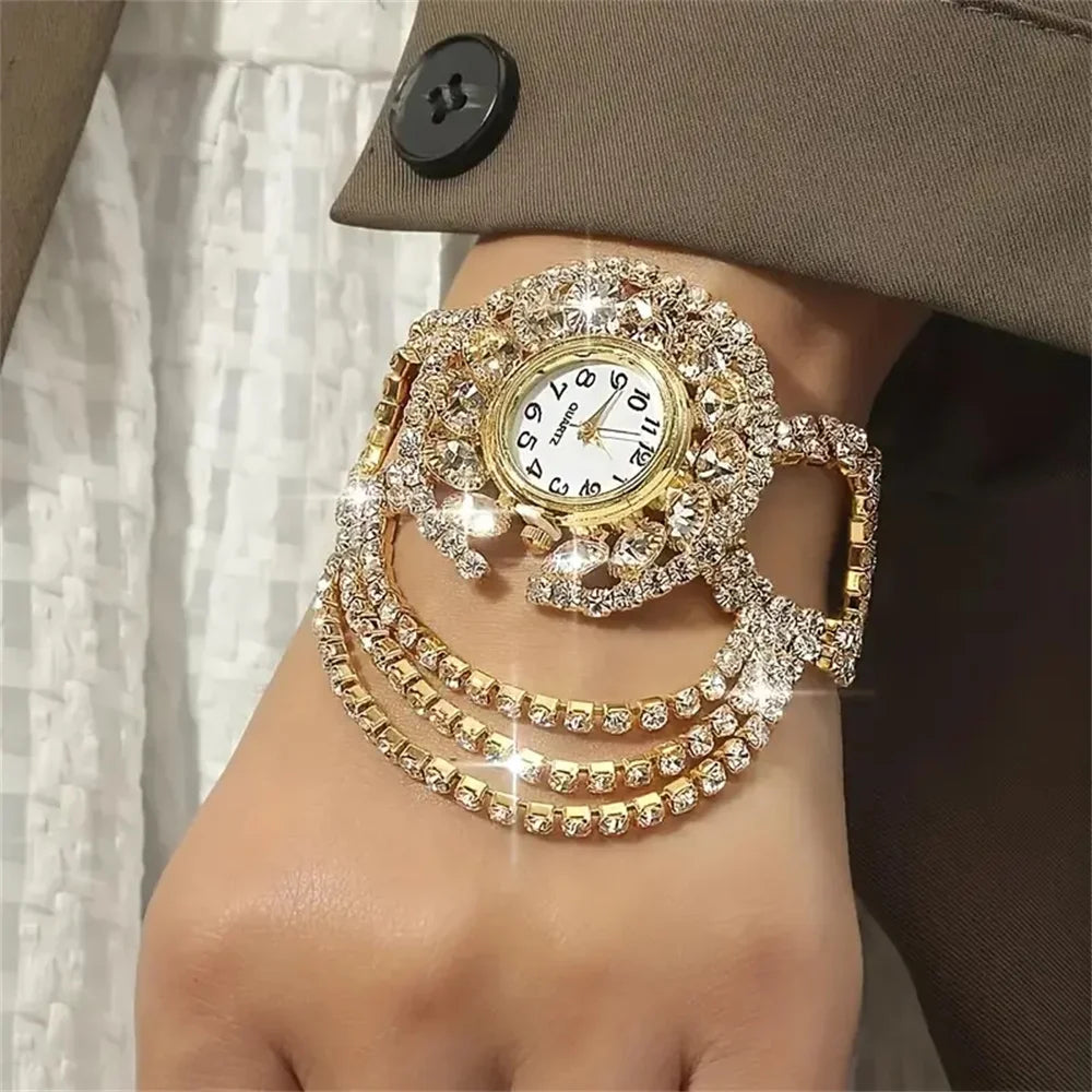Women’s Sparkling Round Quartz Bracelet Watch – Gold or Silver