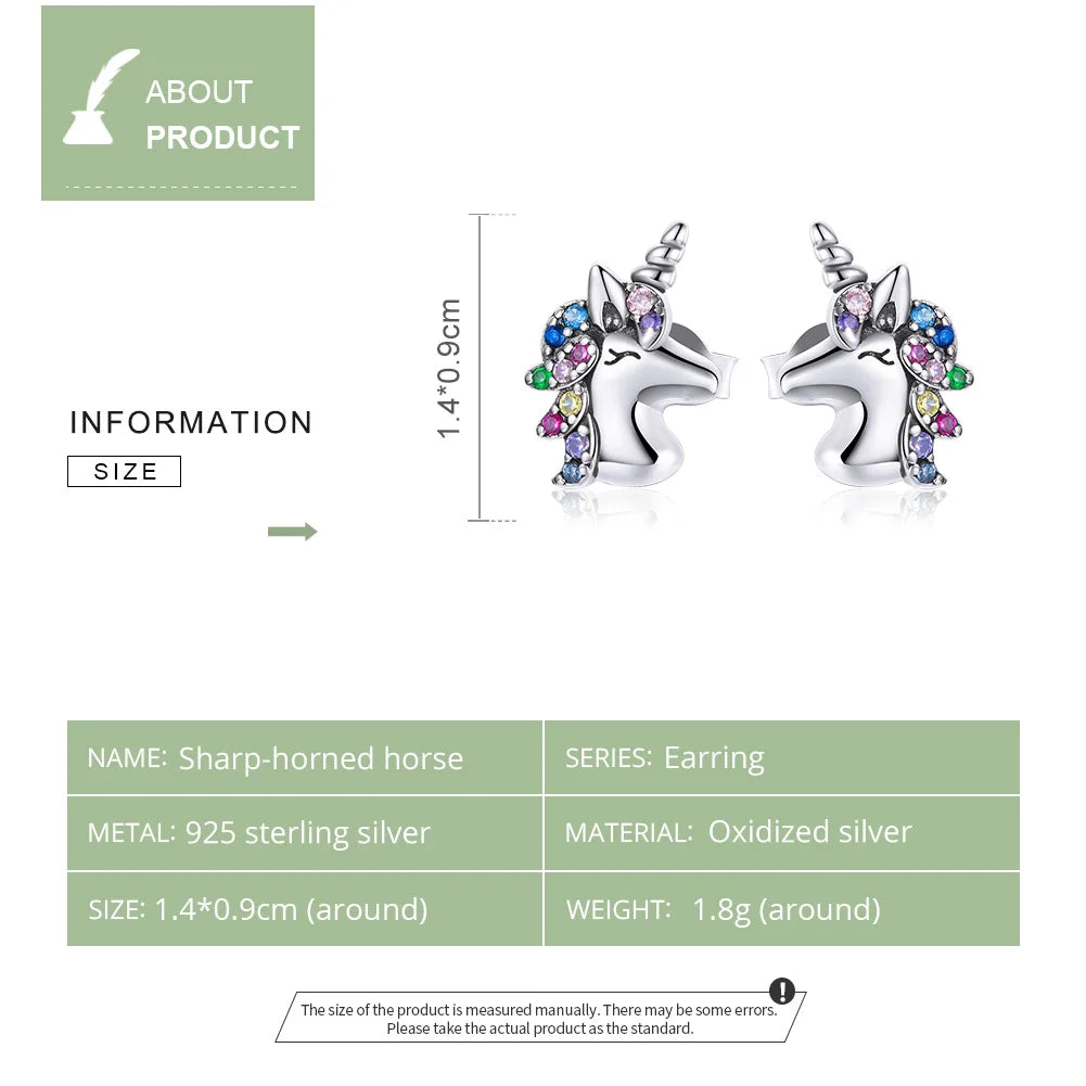Rainbow Zircon Unicorn Stud Earrings in 925 Sterling Silver