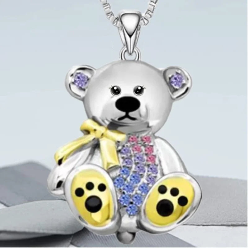 Teddy Bear Pendant Necklace with Colorful Accents