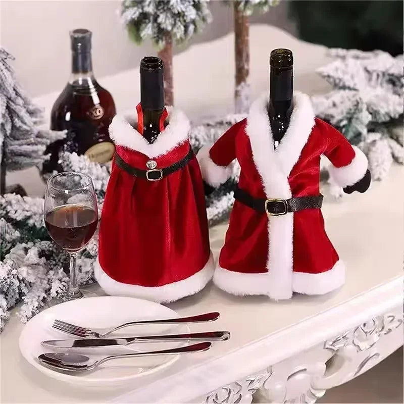 Creative Christmas Wine Bottle Set Golden Velvet Dress Wine Bottle Covers Sleeve Santa Snowman Xmas New Year Dinner Table Decor