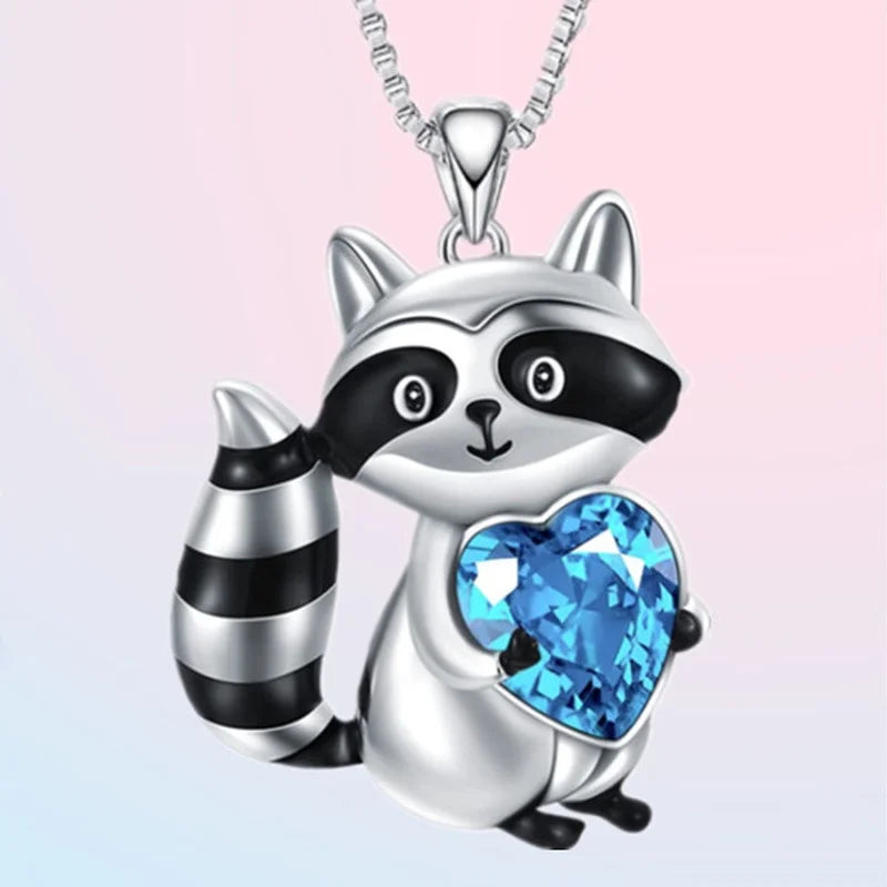Raccoon Pendant Necklace with Blue Heart Accent