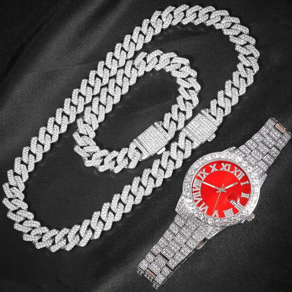 Iced-Out Cuban Chain Jewelry Sets – 2-Piece & Colored Watch Options