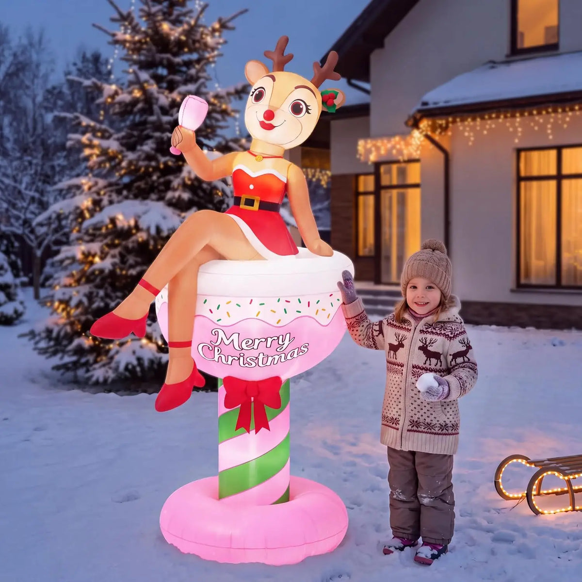 6FT Christmas Inflatable Reindeer Lady in Cocktail Glass Outdoor Decoration Reindeer Blow Up Christmas Decorations Party Ornament with Built‑in LED Light for Xmas Yard Garden Bar Holiday Decor