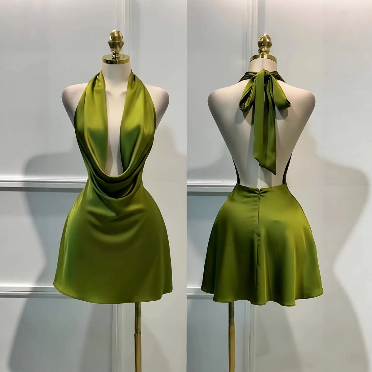 Satin Cowl-Neck Halter Mini Dress with Open Back