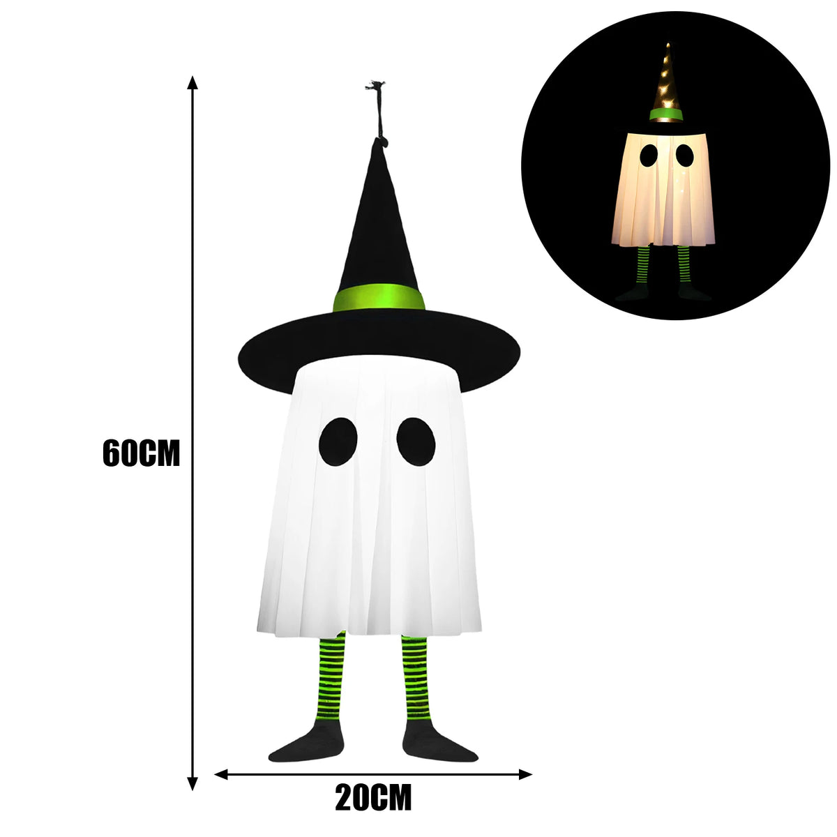 Light-Up Hanging Halloween Ghost with Witch Hat – One Piece