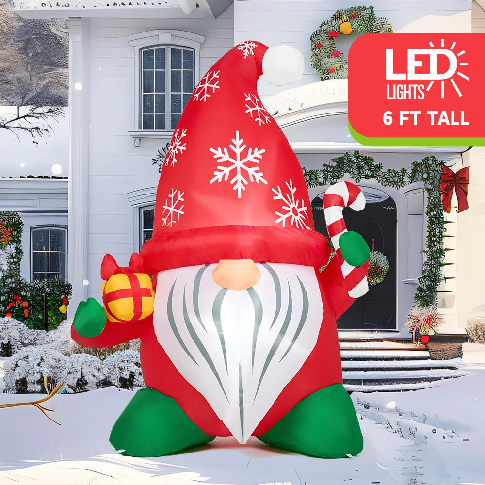 6-Foot LED Christmas Inflatable Gnome with Gift & Candy Cane