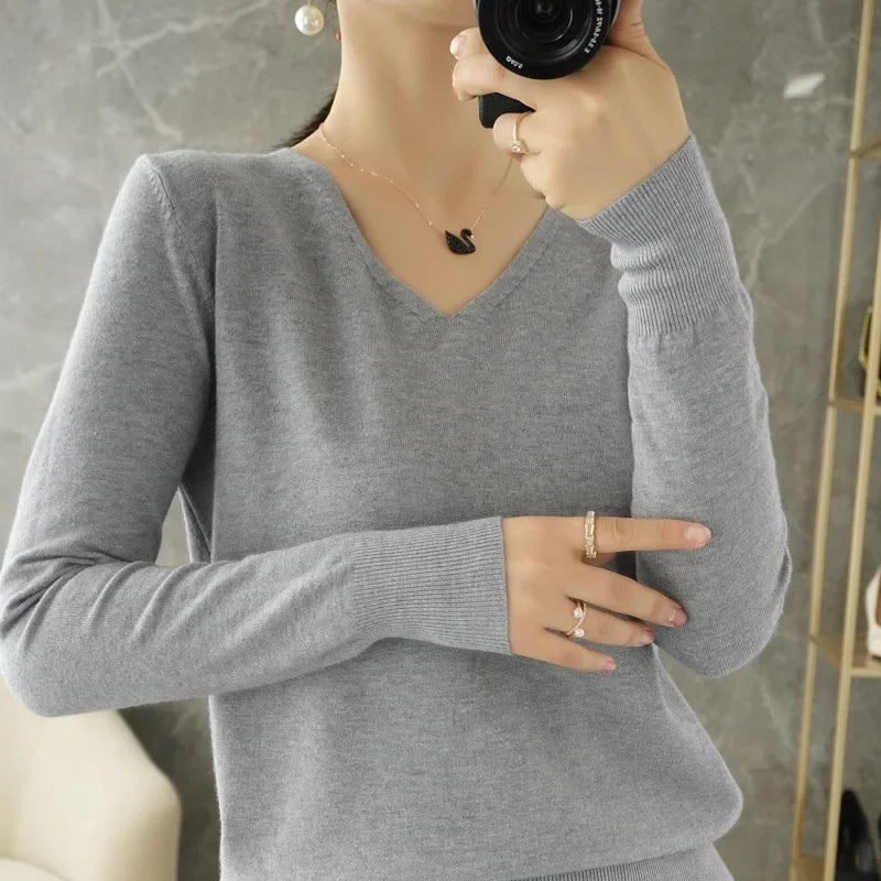 V-Neck Loose Knit Sweater, Soft Long Sleeve Pullover
