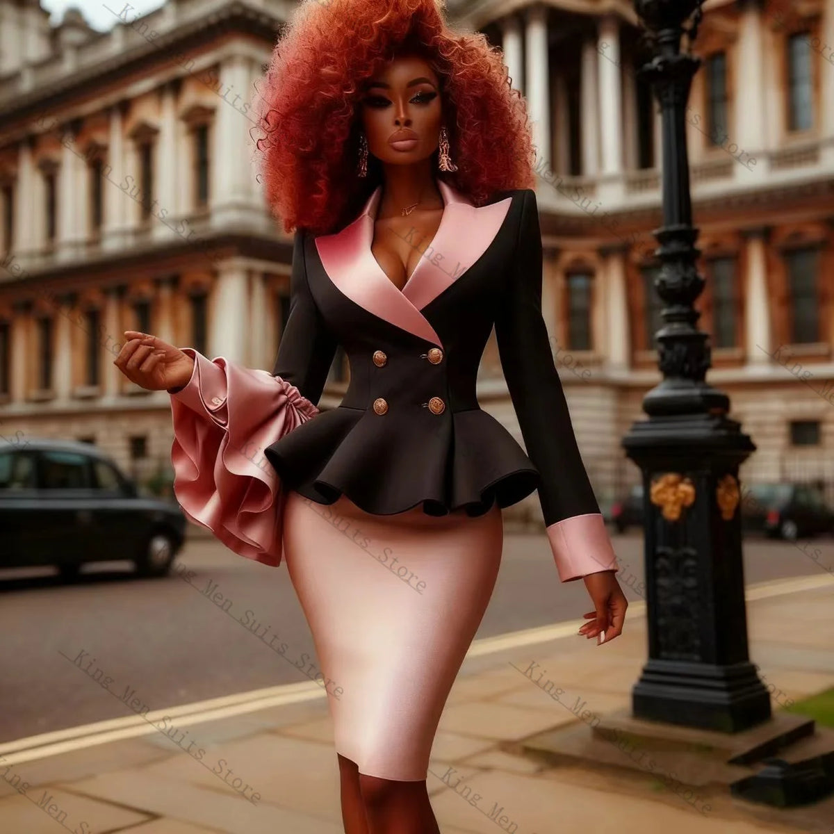 Contrast-Lapel Peplum Blazer & Pencil Skirt Set with Tiered Cuffs