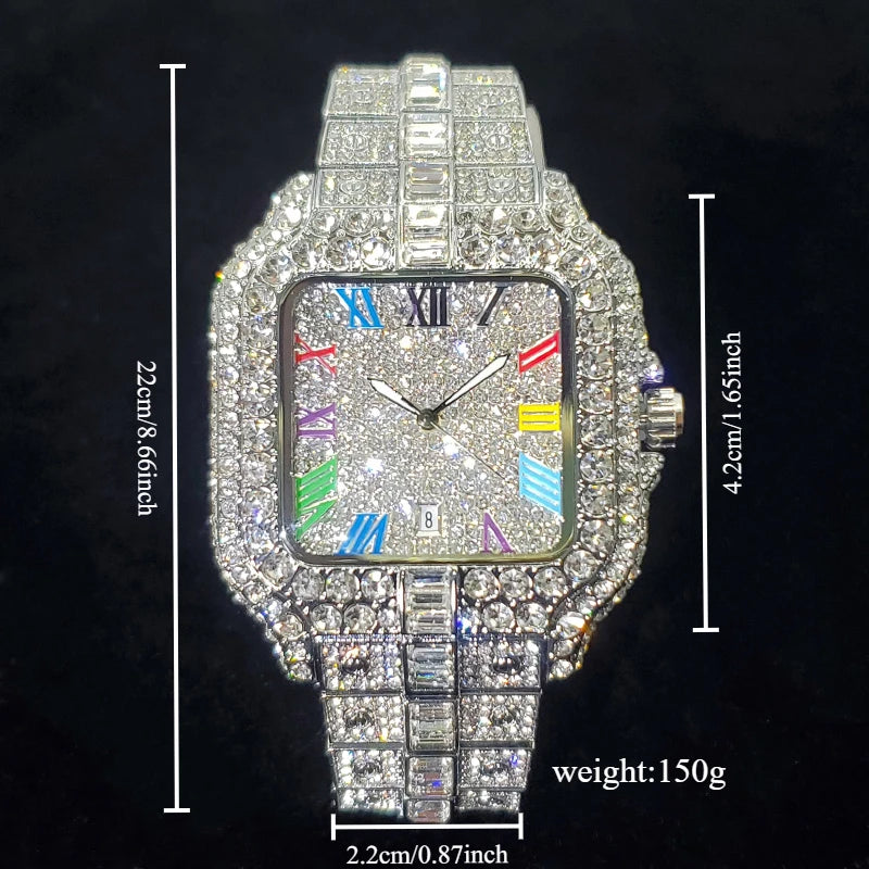 Men's Iced-Out Square Quartz Watch with Colorful Roman Numerals