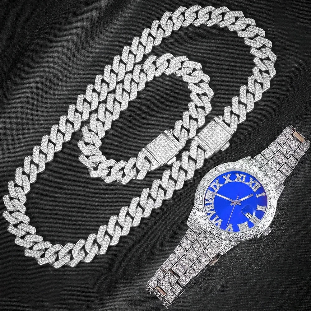 Iced-Out Cuban Chain Jewelry Sets – 2-Piece & Colored Watch Options