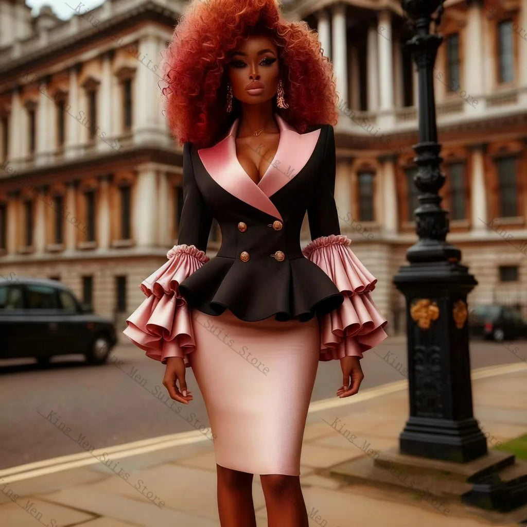 Contrast-Lapel Peplum Blazer & Pencil Skirt Set with Tiered Cuffs