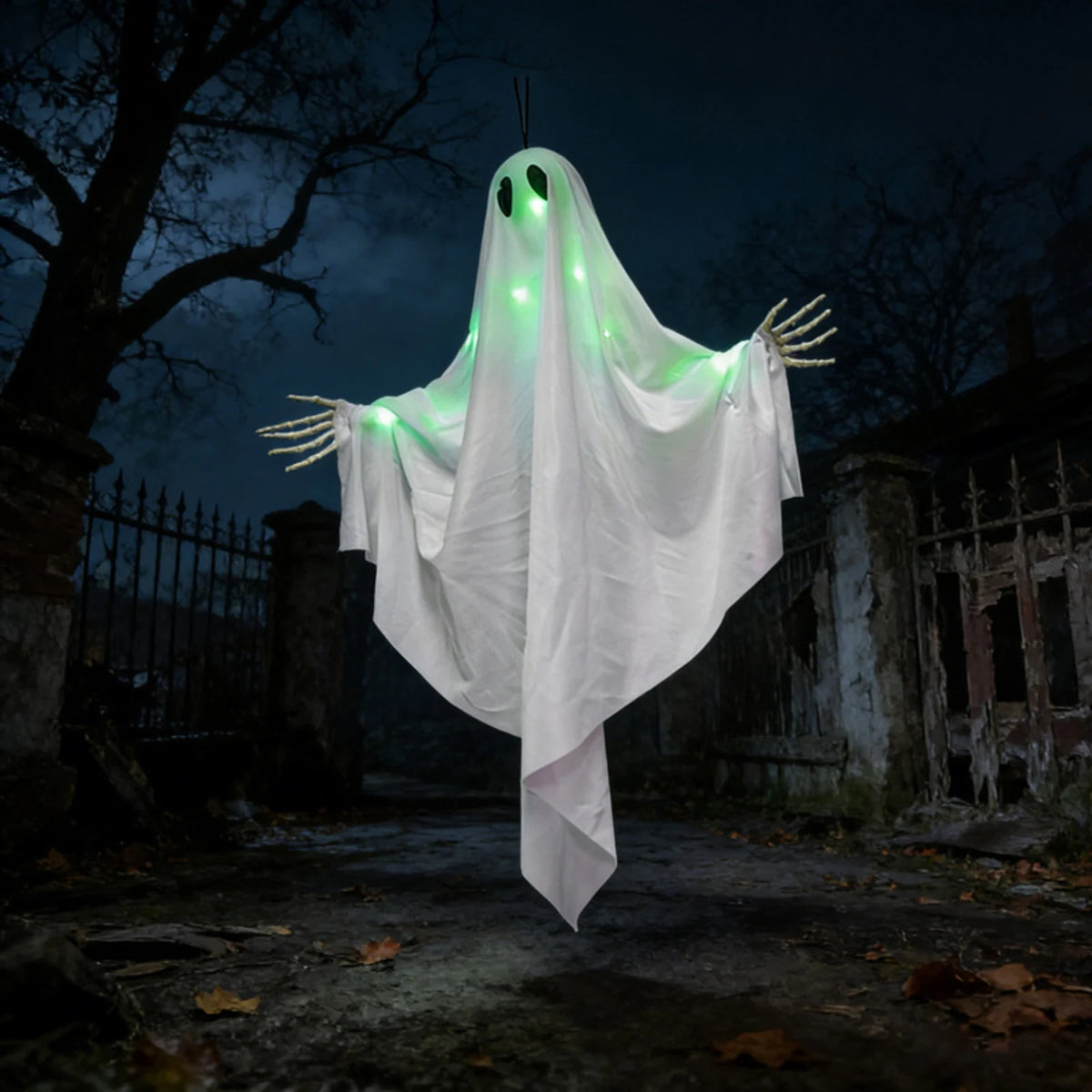 Green Light-Up Hanging Halloween Ghost – Skeleton Hands