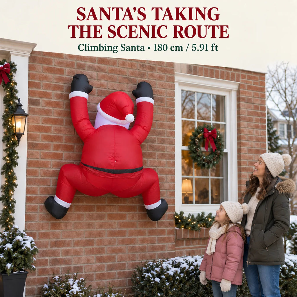 6FT Christmas Inflatable Climbing Santa with LED Lights Blow Up Yard Decor 1.8M Funny Santa Climbing Wall for Outdoor Garden Lawn Holiday Party Xmas Decor Yard Cafe Outdoor Decoration Props