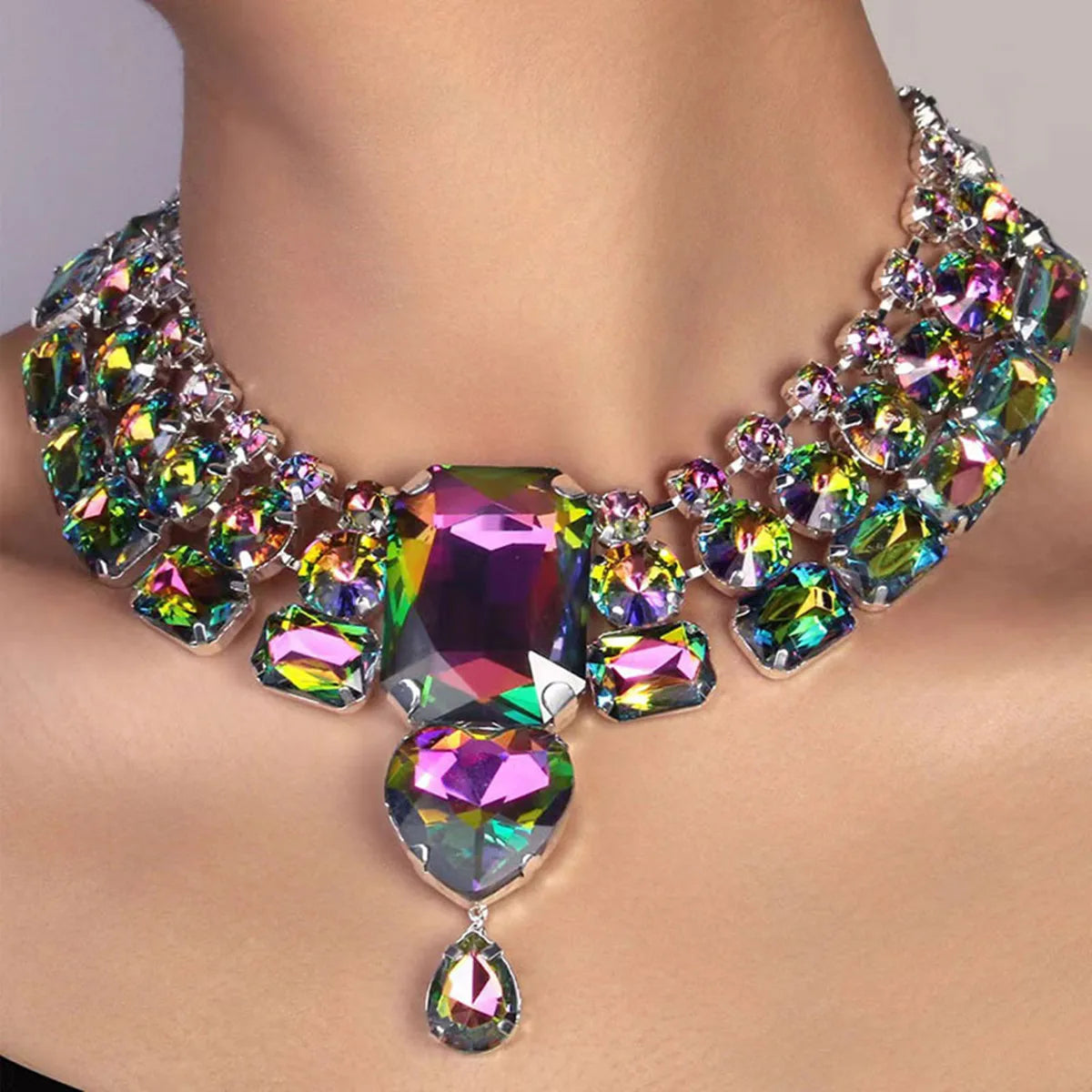 Multicolor Crystal Statement Necklace & Earring Set