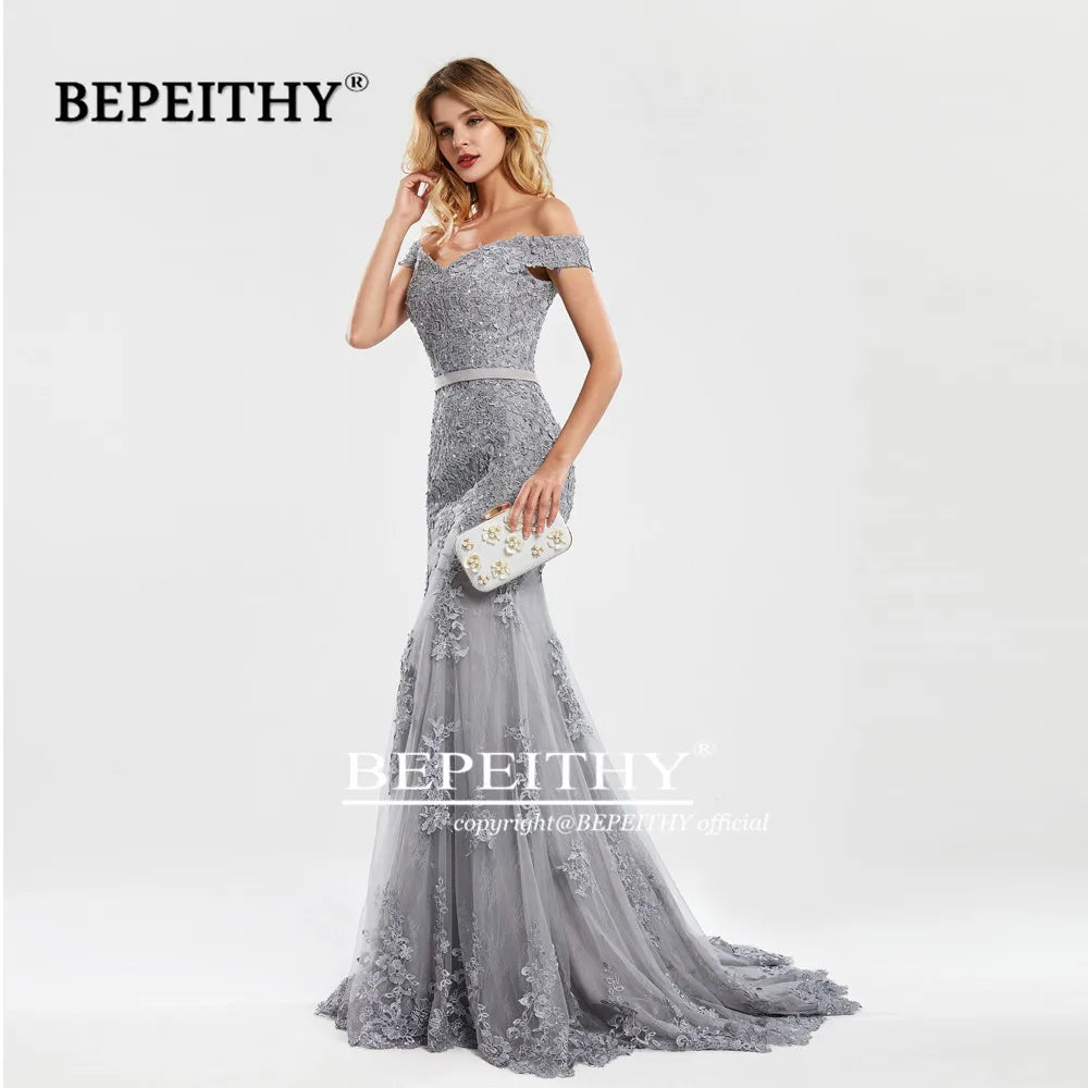Off-Shoulder Lace Mermaid Evening Gown with Sweep Train