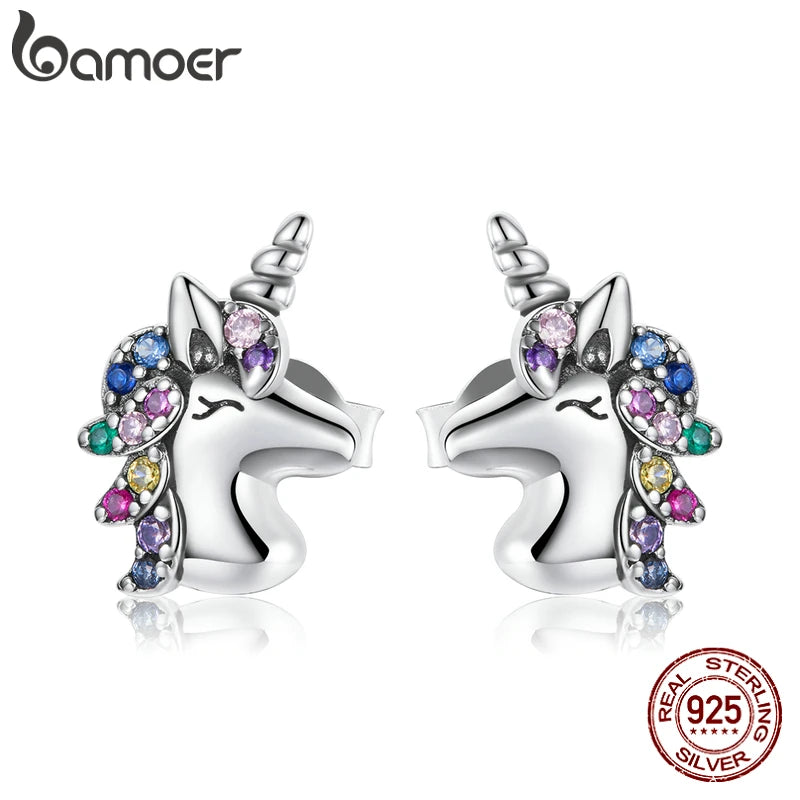 Rainbow Zircon Unicorn Stud Earrings in 925 Sterling Silver