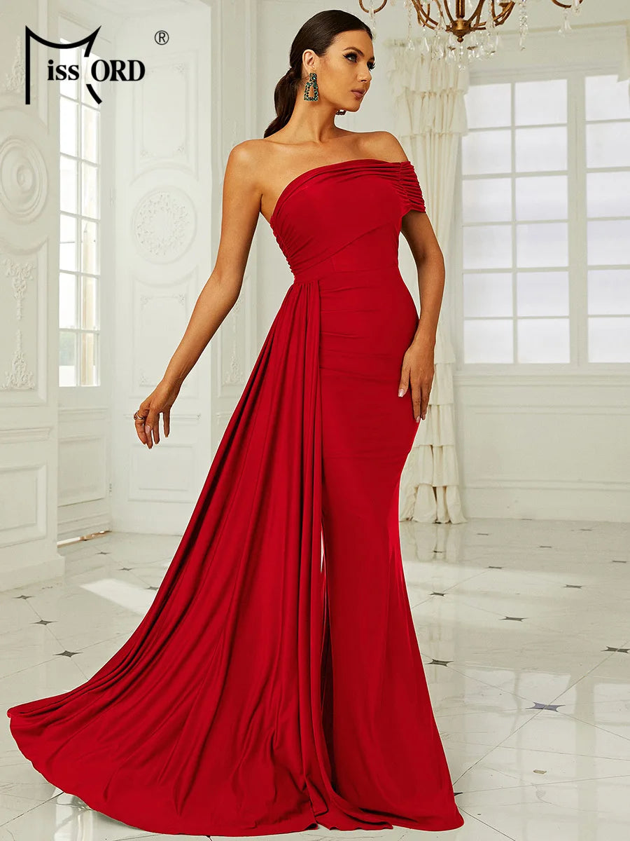 Asymmetric Off-Shoulder Draped Evening Gown