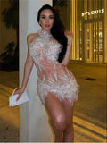 White Beaded High-Neck Sheer Mesh Mini Dress