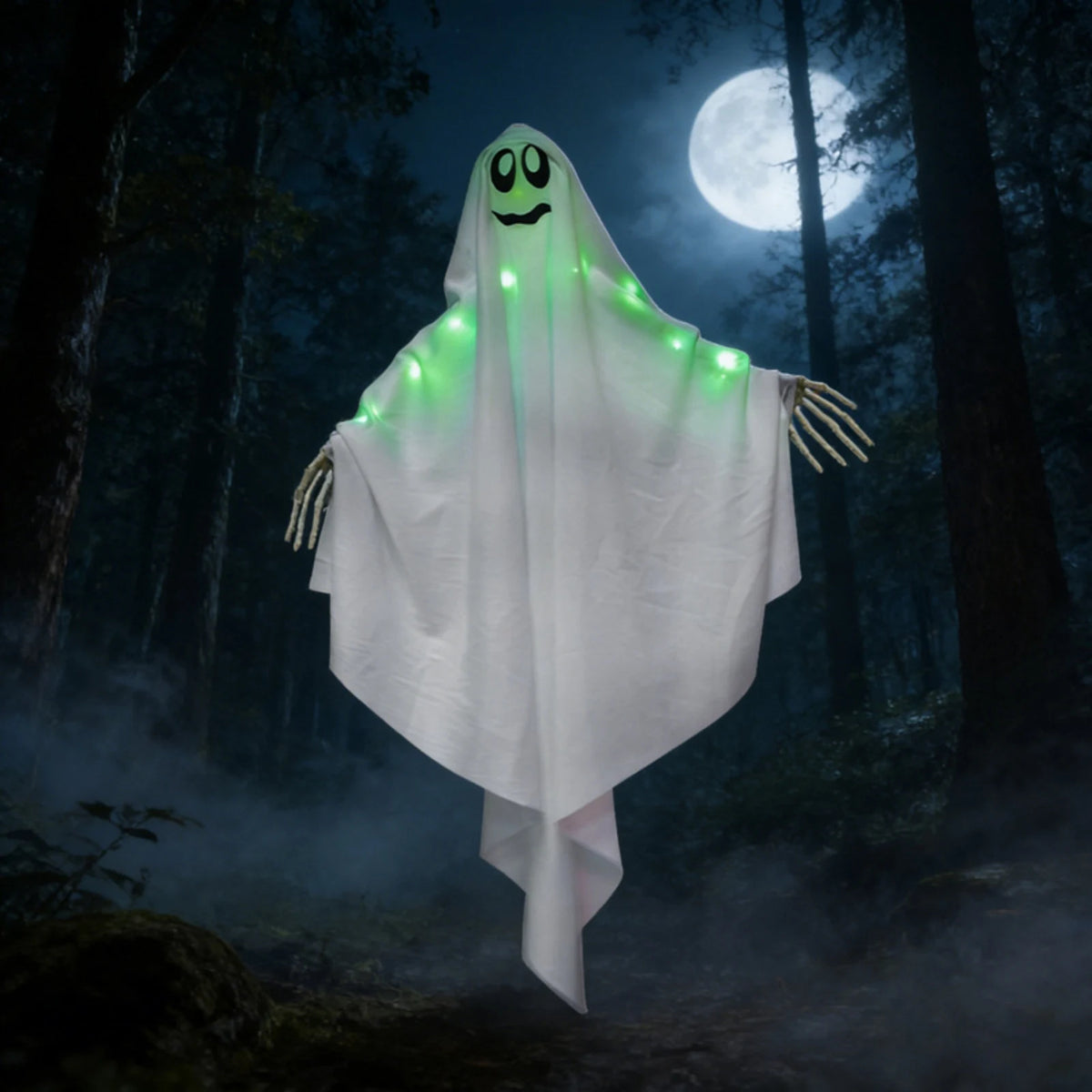 Green Light-Up Hanging Halloween Ghost – Skeleton Hands