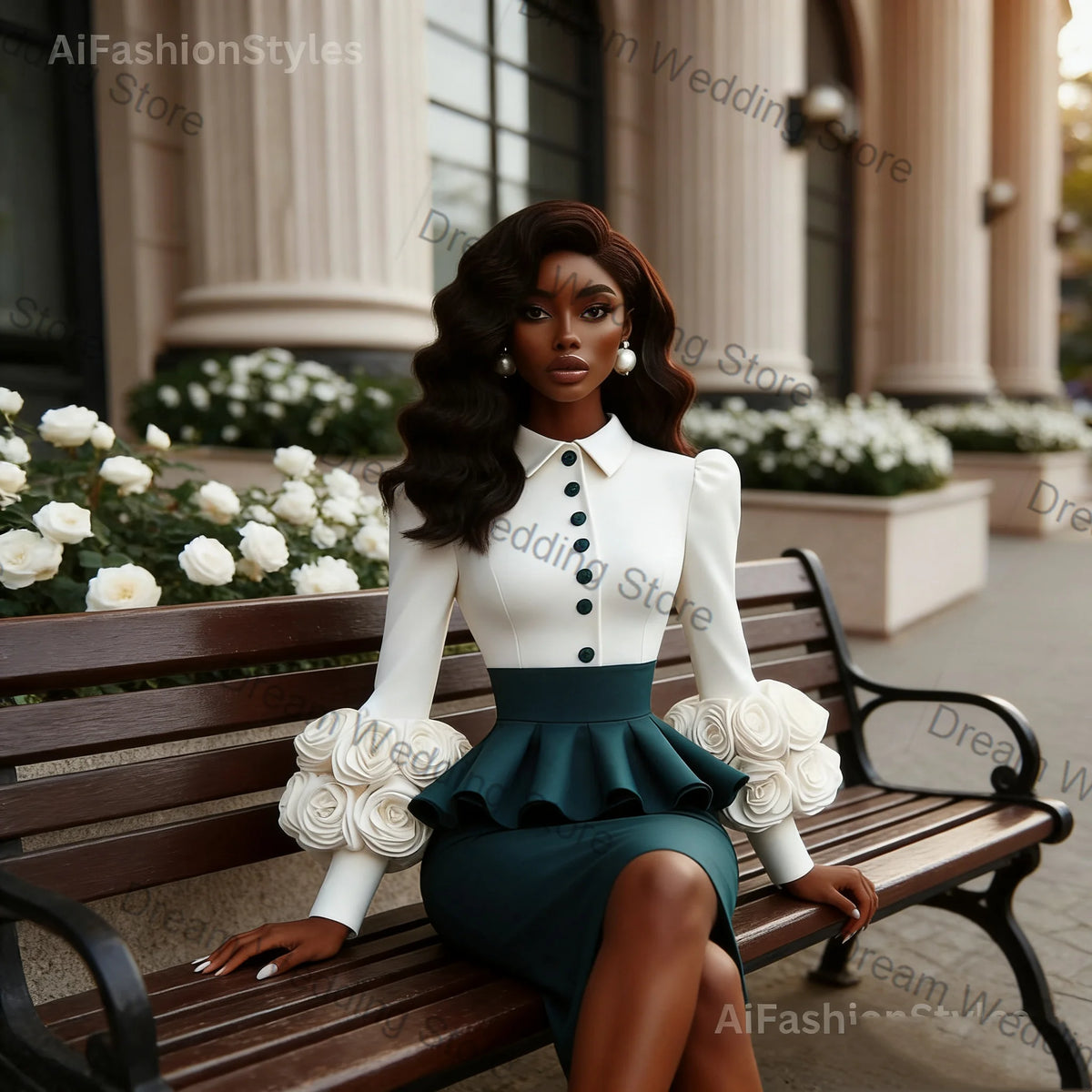 Floral-Cuff Peplum Jacket & Skirt Set