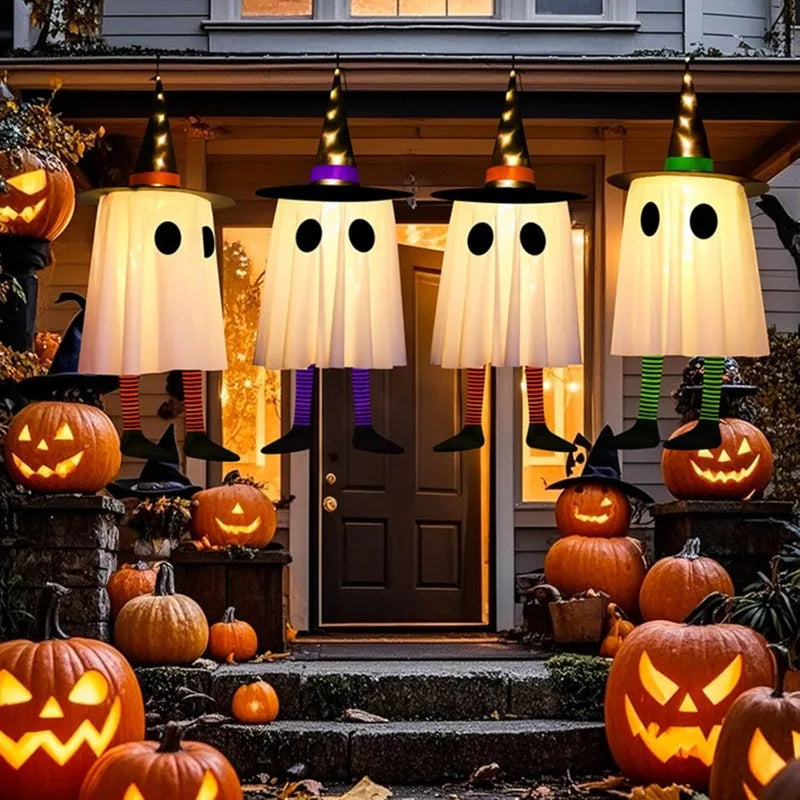 Light-Up Hanging Halloween Ghost with Witch Hat – One Piece