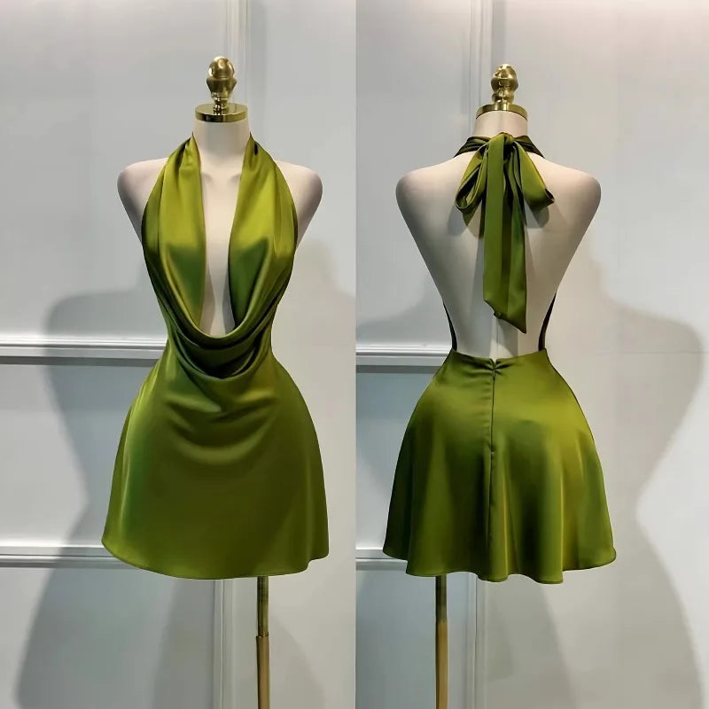 Satin Cowl-Neck Halter Mini Dress with Open Back