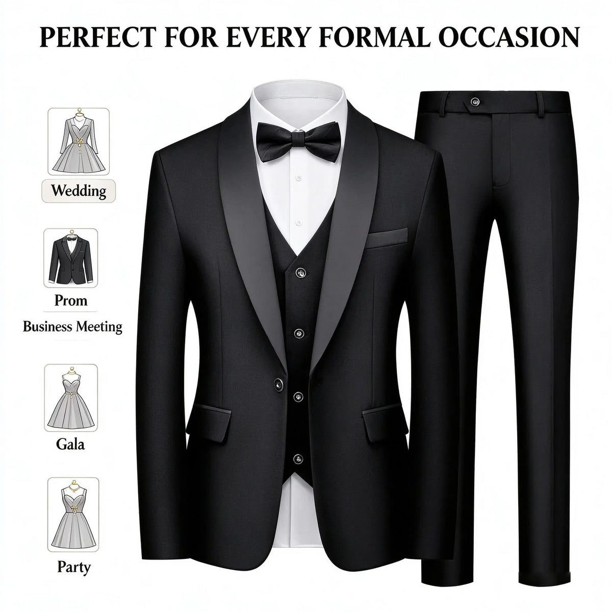 Men's 3 Piece Tuxedo Suit Set Shawl Lapel One Button Slim Fit Blazer Vest Pants Wedding Groom Prom Formal Party Business Outfit