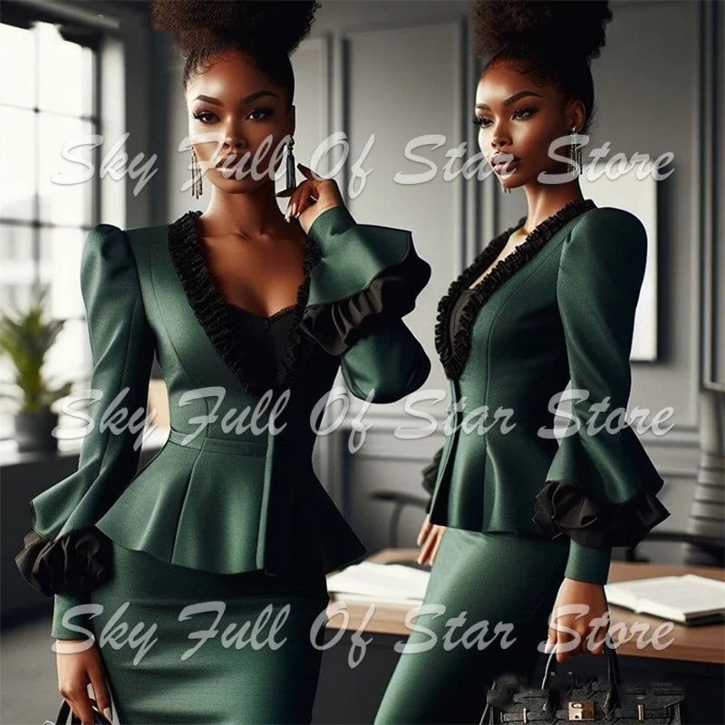 Ruffle-Trim Peplum Blazer & Pencil Skirt Set