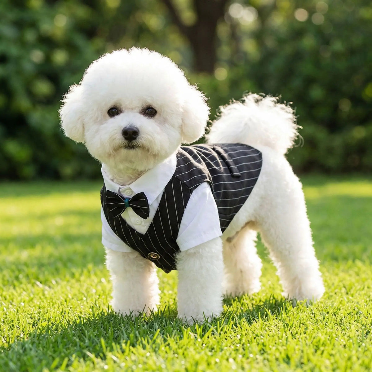 Pinstripe Dog Tuxedo-Style Outfit with Bow Tie