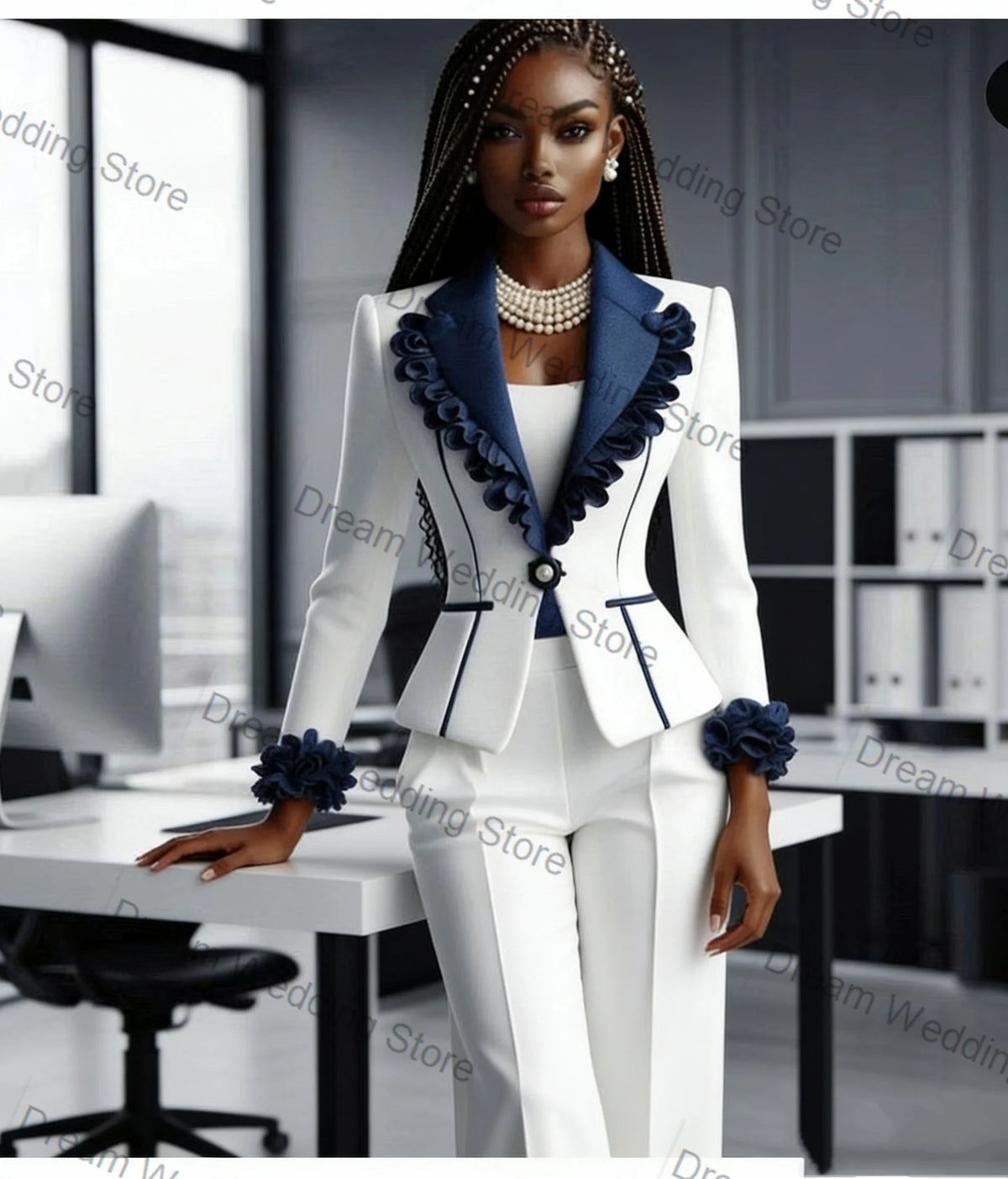 Contrast Ruffle-Trim Blazer & Pants Suit Set