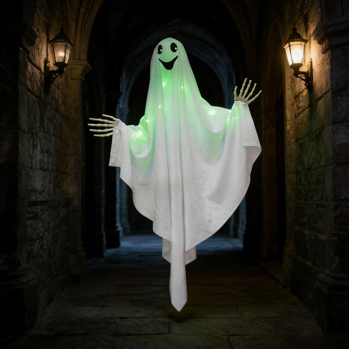 Green Light-Up Hanging Halloween Ghost – Skeleton Hands
