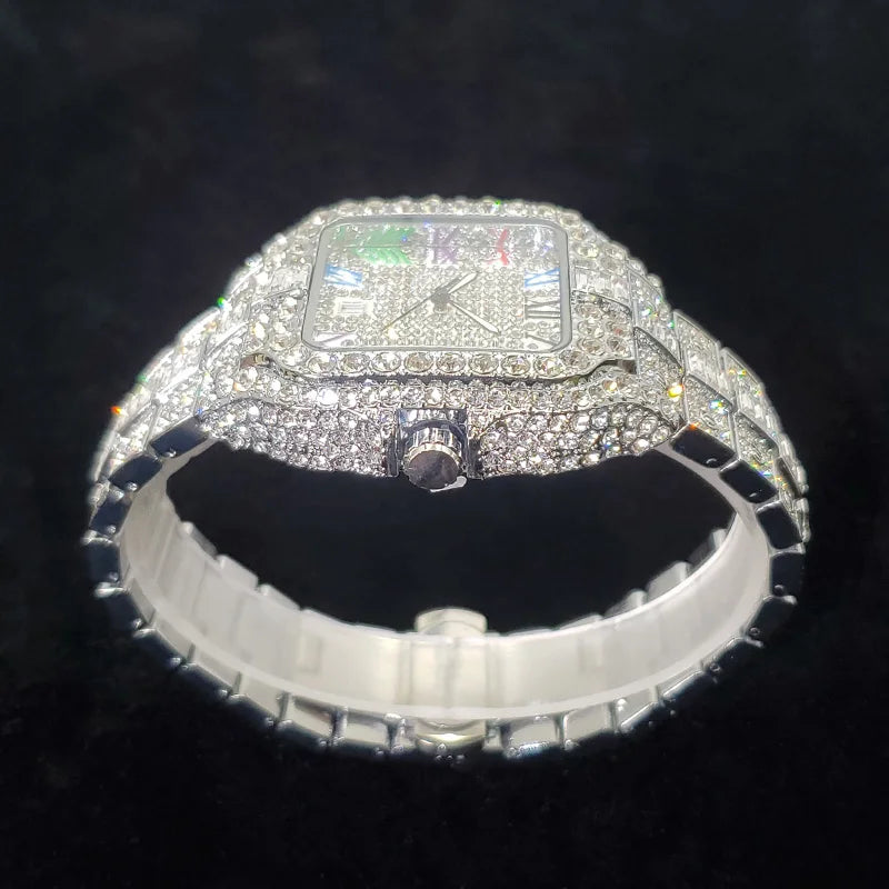 Men's Iced-Out Square Quartz Watch with Colorful Roman Numerals