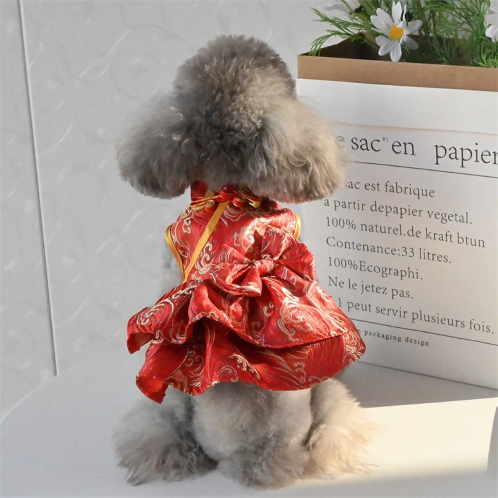 Chinese-Inspired Red & Gold Dog Dress with Bow