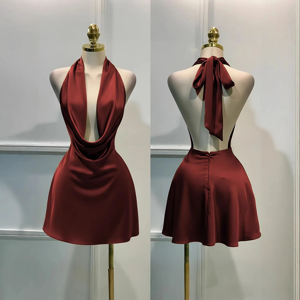 Satin Cowl-Neck Halter Mini Dress with Open Back
