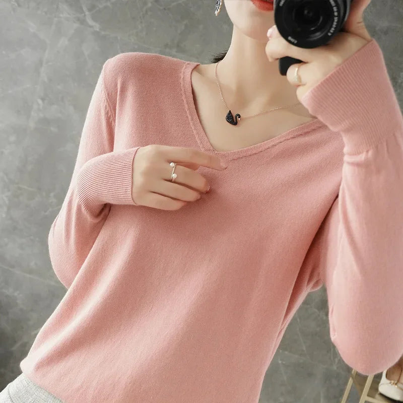 V-Neck Loose Knit Sweater, Soft Long Sleeve Pullover