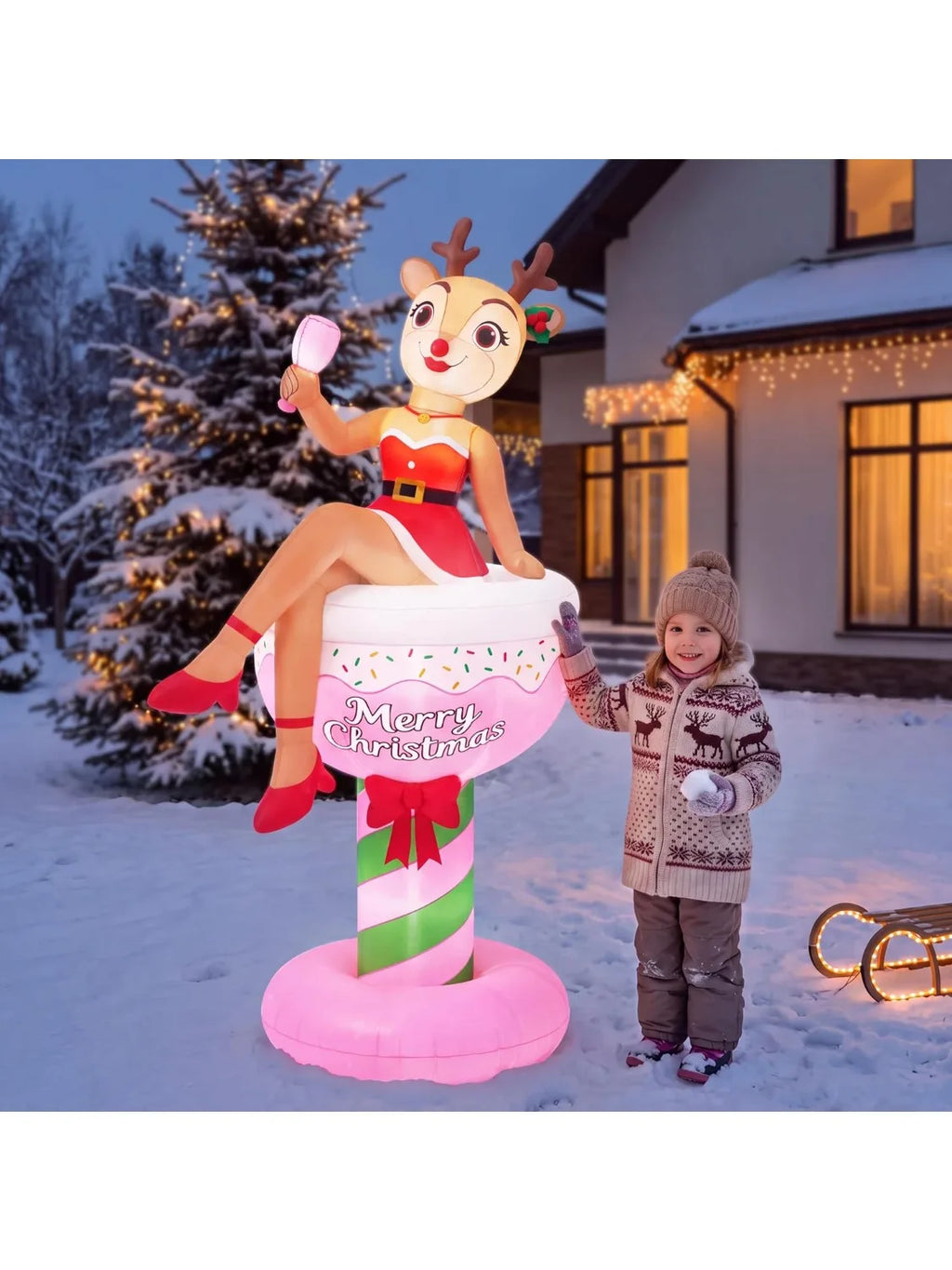 6FT Christmas Inflatable Reindeer Lady in Cocktail Glass Outdoor Decoration Reindeer Blow Up Christmas Decorations Party Ornament with Built‑in LED Light for Xmas Yard Garden Bar Holiday Decor