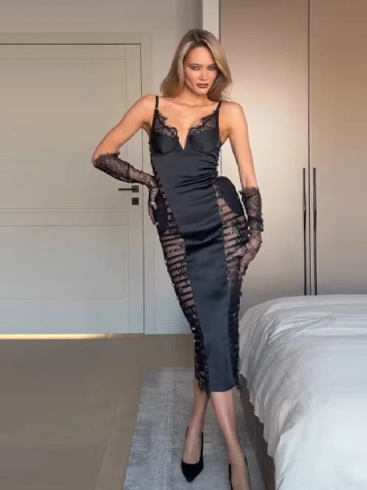 Black Lace-Trim Midi Dress with Sheer Buckled Sides