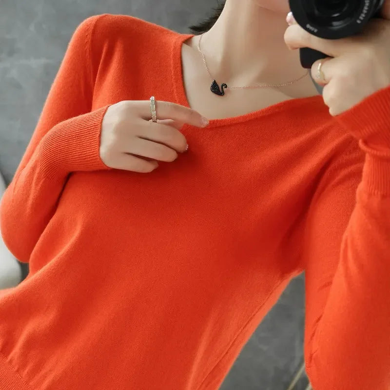 V-Neck Loose Knit Sweater, Soft Long Sleeve Pullover
