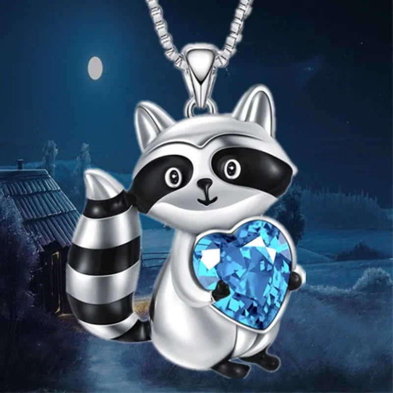 Raccoon Pendant Necklace with Blue Heart Accent