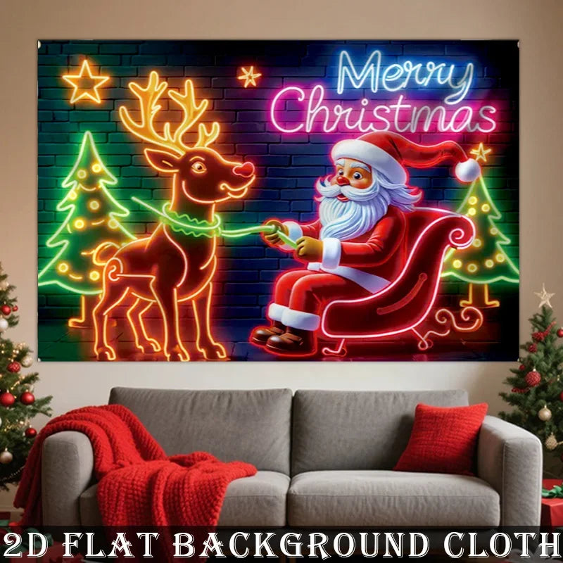 Neon-Style Santa & Reindeer Christmas Photo Backdrop